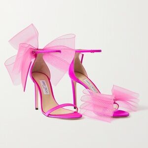 NEW Jimmy Choo Aveline 100 Pink Satin Asymmetric Grosgrain Fascinator Bow EU 40